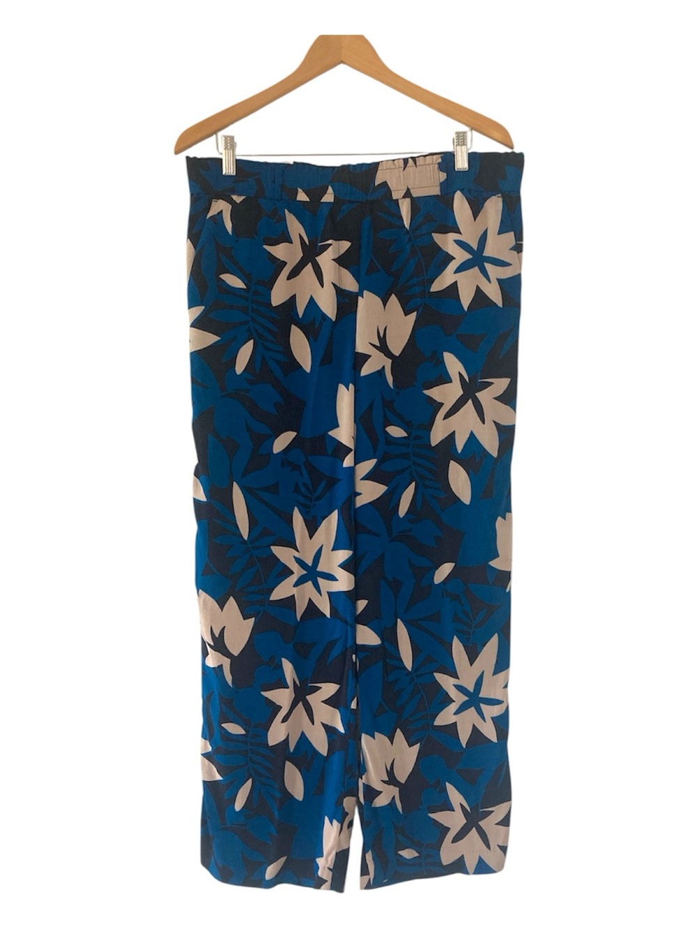 LOFT Large Blue and Cream Floral Wide-Leg Pants